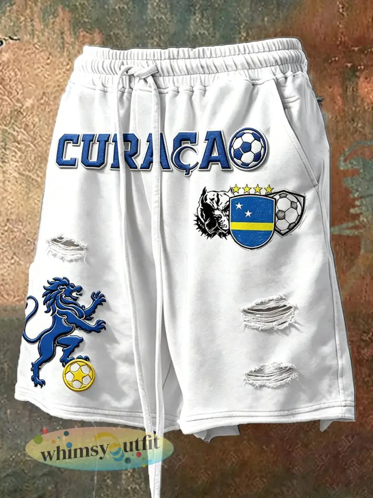 Herenshorts met afkledende pasvorm en trekkoord voetbalprint met het vlag van Curaçao - Wit / S