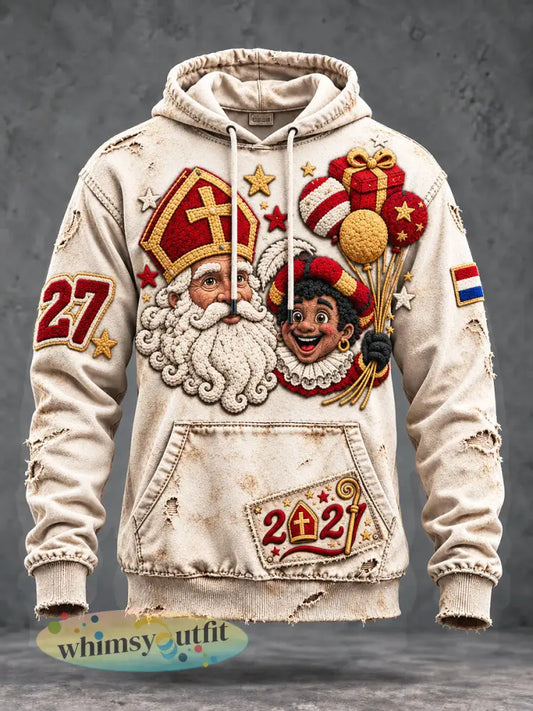Herensweatshirt met capuchon vintage off-white print met Sinterklaas-thema casual stijl - Romig-Wit / S