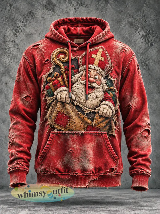 Herensweatshirt met capuchon vintage rood Nederlands Sinterklaas-thema versleten print casual stijl - Rood / S