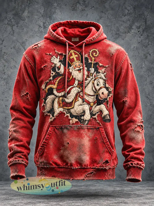 Herensweatshirt met capuchon vintage rood print met Sinterklaas casual stijl - Rood / S