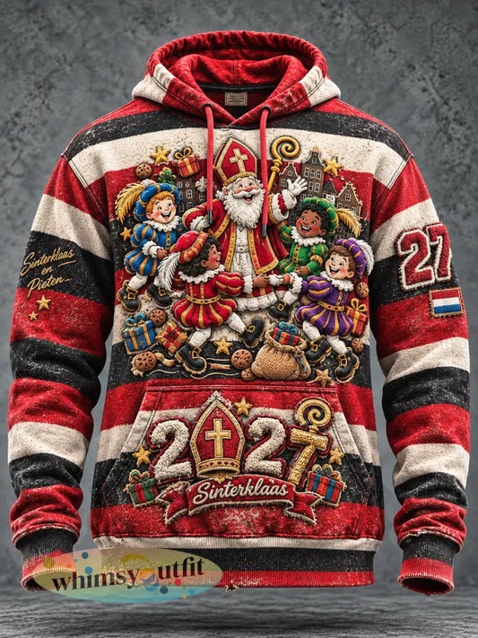 Herensweatshirt met capuchon vintage stijl gestreept dessin en Sinterklaasprint casual model - Veelkleurig / S