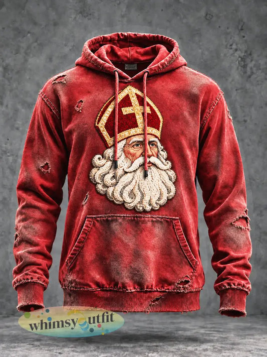 Herensweatshirt met capuchon vintage stijl Nederlands Sinterklaas-thema versleten print casual - Rood / S