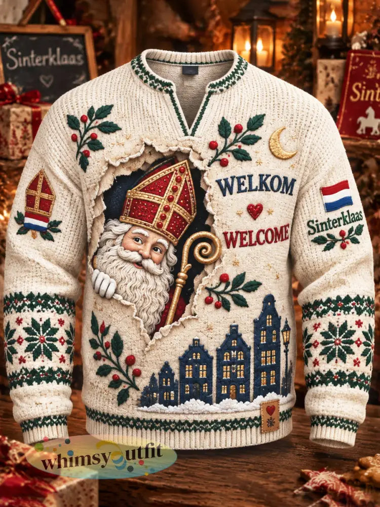 Herensweatshirt met v-hals beige met Nederlandse Sinterklaasprint casual stijl - Beige / S