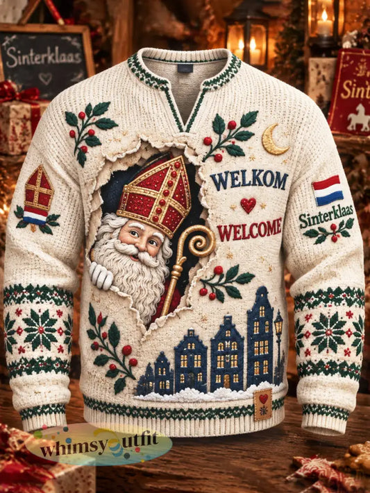 Herensweatshirt met v-hals beige met Nederlandse Sinterklaasprint casual stijl - Beige / S