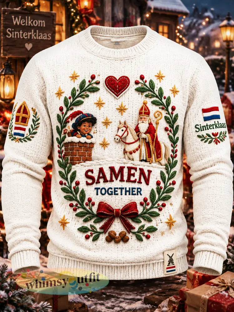 Herentop met beige print van de Nederlandse Sinterklaas en Zwarte Piet casual model met lange mouwen - Romig-Wit / S