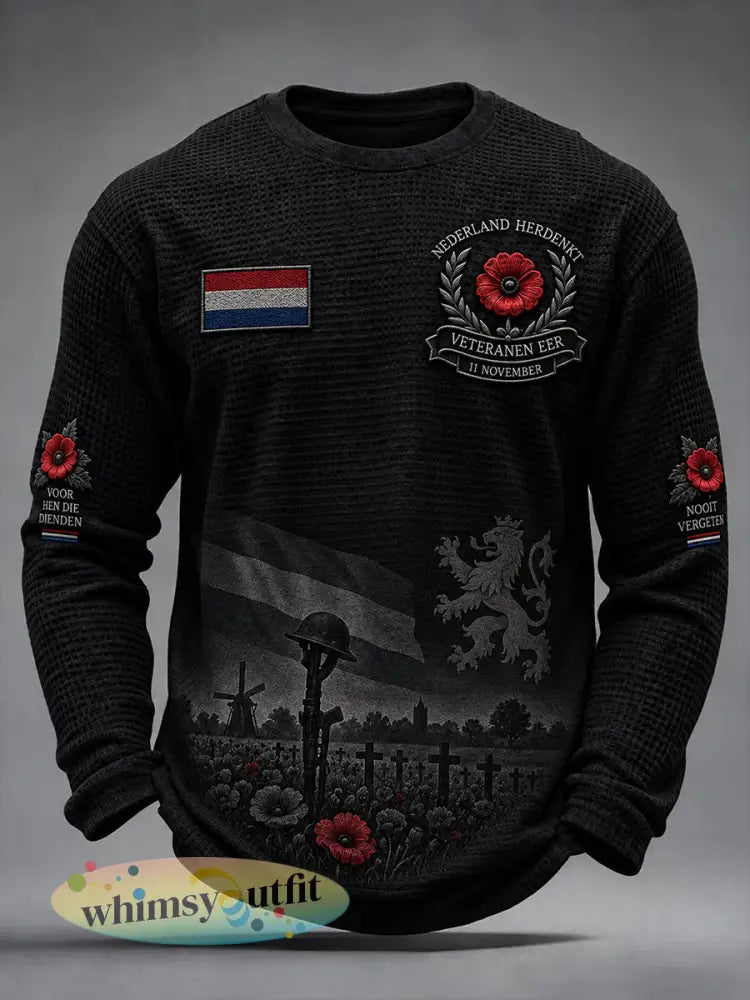 Herentop met grafische print en wafelstructuur lange mouwen ter herdenking van veteranen - A / S