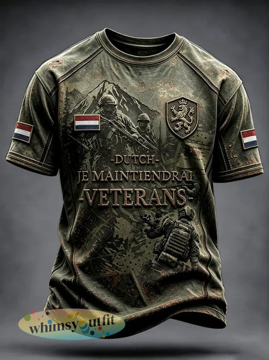 Herenvintage Army Groen Nederlands Veteraan Patchwork Print Casual T-shirt - Groene Leger / S