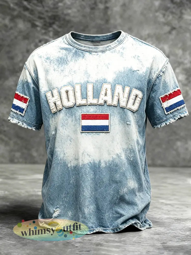 Herenvintage blauwe denim-look Holland vlag print casual T-shirt - Blauw / S