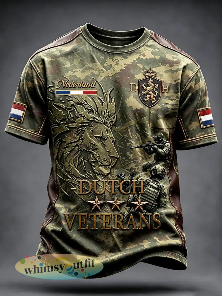 Herenvintage camouflage Nederlandse veteraan patchwork print casual T-shirt - Groene Leger / S