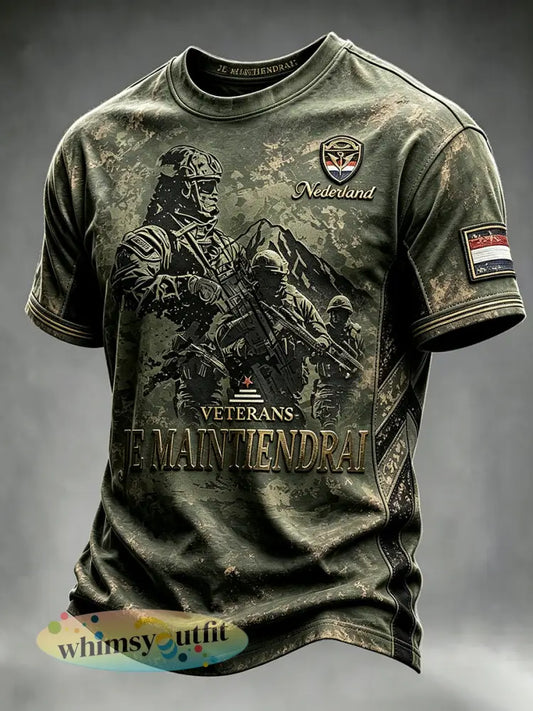 Herenvintage camouflage Nederlandse veteranenprint casual T-shirt - Groene Leger / S