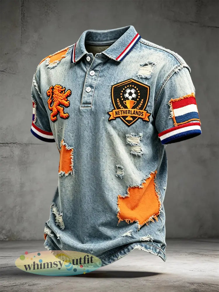 Herenvintage Nederlands voetbal-geïnspireerde denim-look patchwork print casual poloshirt - Blauw / S