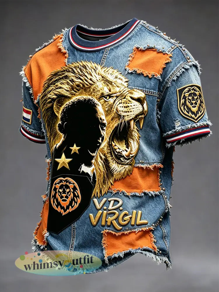 Herenvintage Nederlands voetbal T-shirt met denim patchworkprint en afbeelding van Virgil van Dijk casual stijl - Blauw