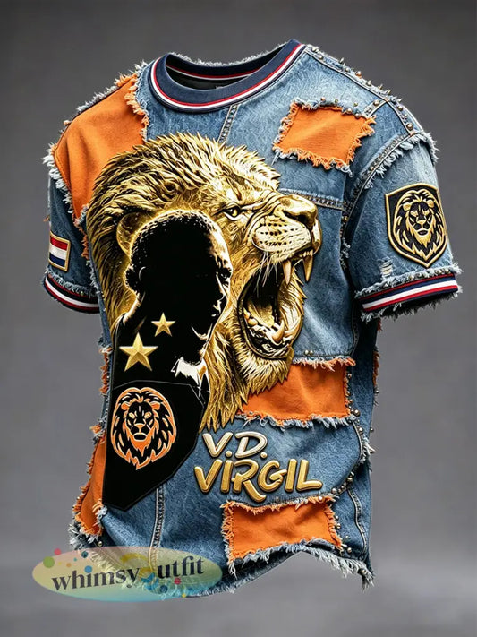 Herenvintage Nederlands voetbal T-shirt met denim patchworkprint en afbeelding van Virgil van Dijk casual stijl - Blauw