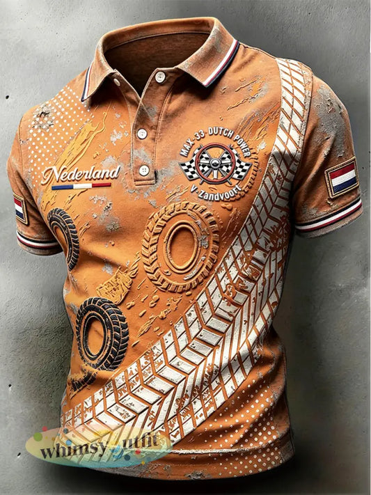 Herenvintage Nederlandse Racing Zandvoort Patchwork Print Casual Poloshirt - Sinaasappel / S