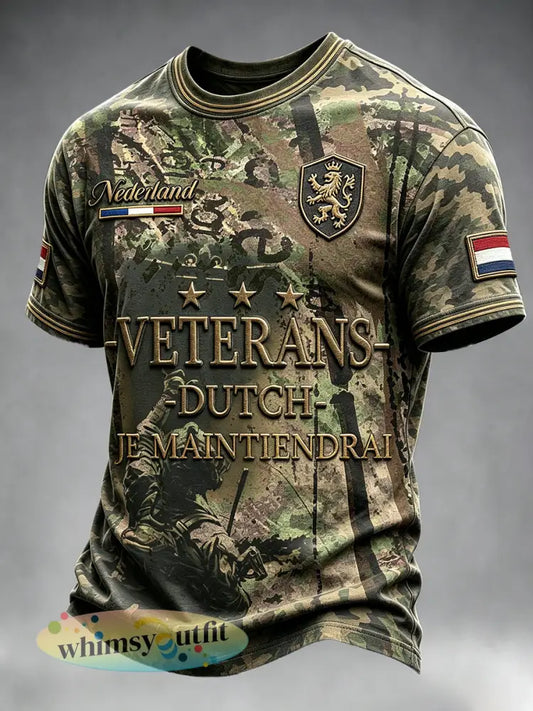 Herenvintage Nederlandse Veteraan Camouflage Print Patchwork Casual T-shirt - Groene Leger / S