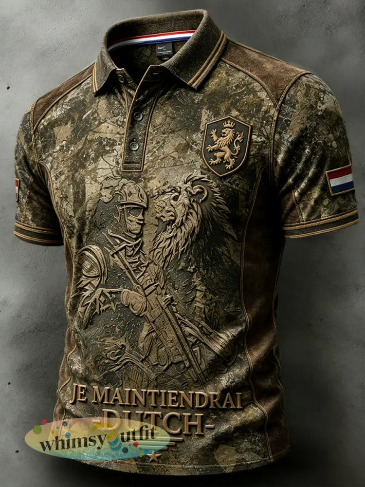 Herenvintage Nederlandse veteraan camouflageprint patchwork casual poloshirt - Groene Leger / S