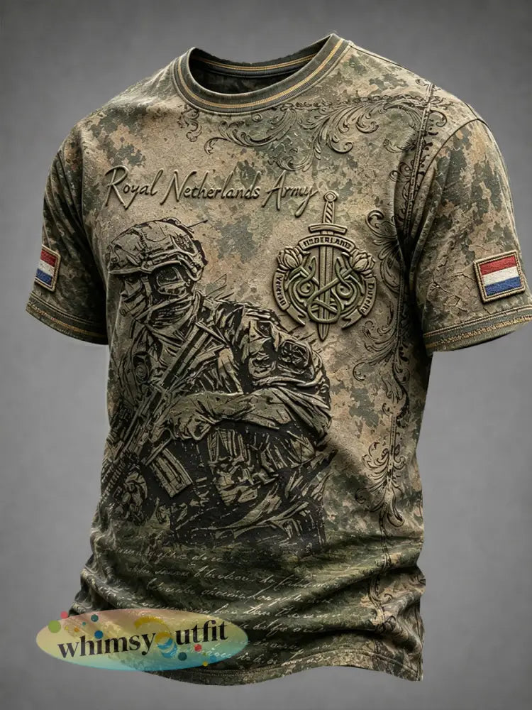 Herenvintage Nederlandse veteraan militaire print casual T-shirt - Groene Leger / S