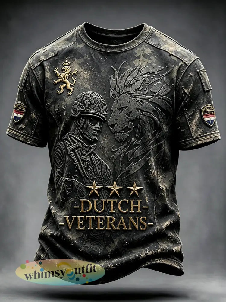 Herenvintage Nederlandse Veteranenprint Casual T-shirt - Zwart / S