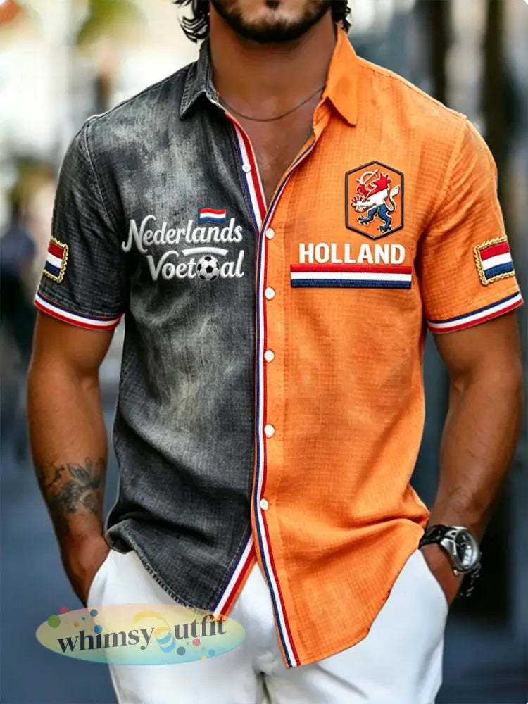 Herenvintage Nederlandse Vlag Voetbal Patchwork Print Mode Shirt met korte mouwen - Sinaasappel / S