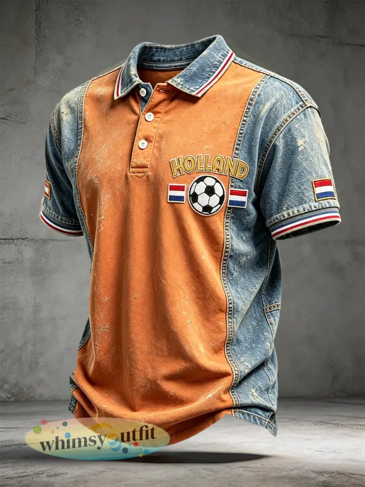 Herenvintage Nederlandse Voetbal Denim Patchwork Print Casual Poloshirt - Sinaasappel / S