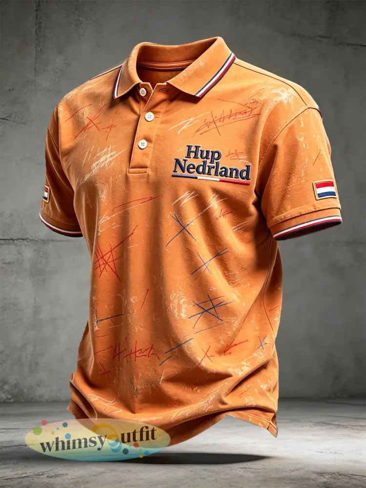 Herenvintage Nederlandse Voetbal Graffiti Print Casual Poloshirt - Sinaasappel / S