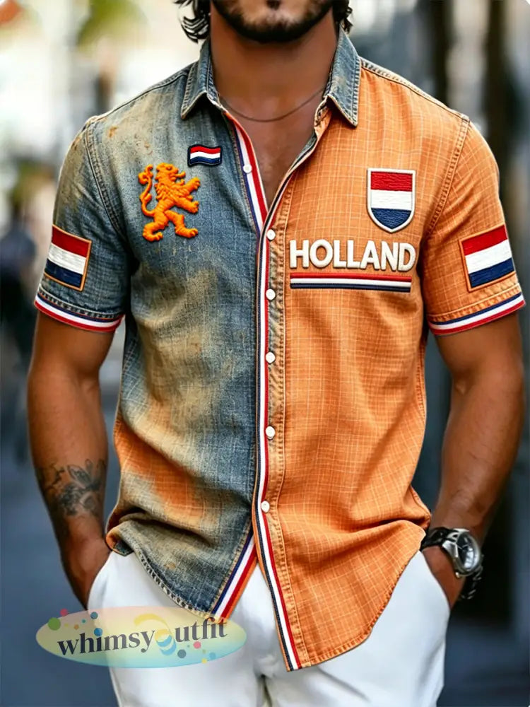 Herenvintage-stijl verontruste Nederlandse print casual mode korte mouwen - Veelkleurig / S