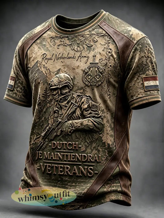 Herenvintage verontruste Nederlandse militaire veteraan print casual T-shirt - Groene Leger / S