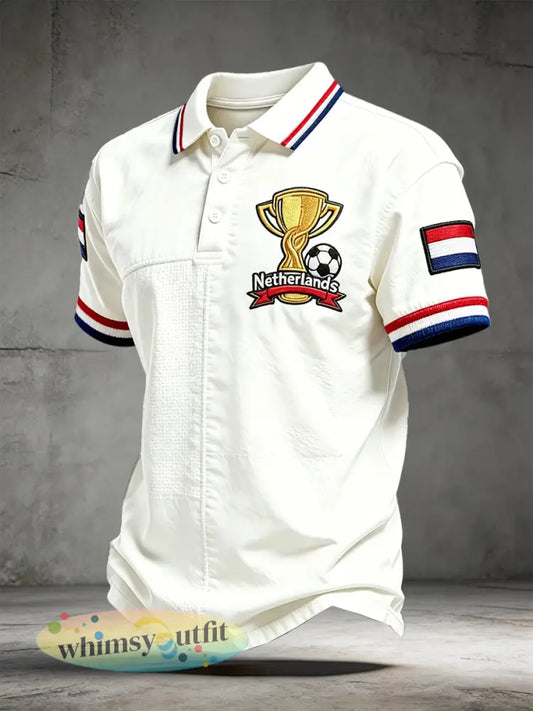 Herenvintage Wit Nederlands Voetbal Patchwork Print Casual Sport Poloshirt - Wit / S