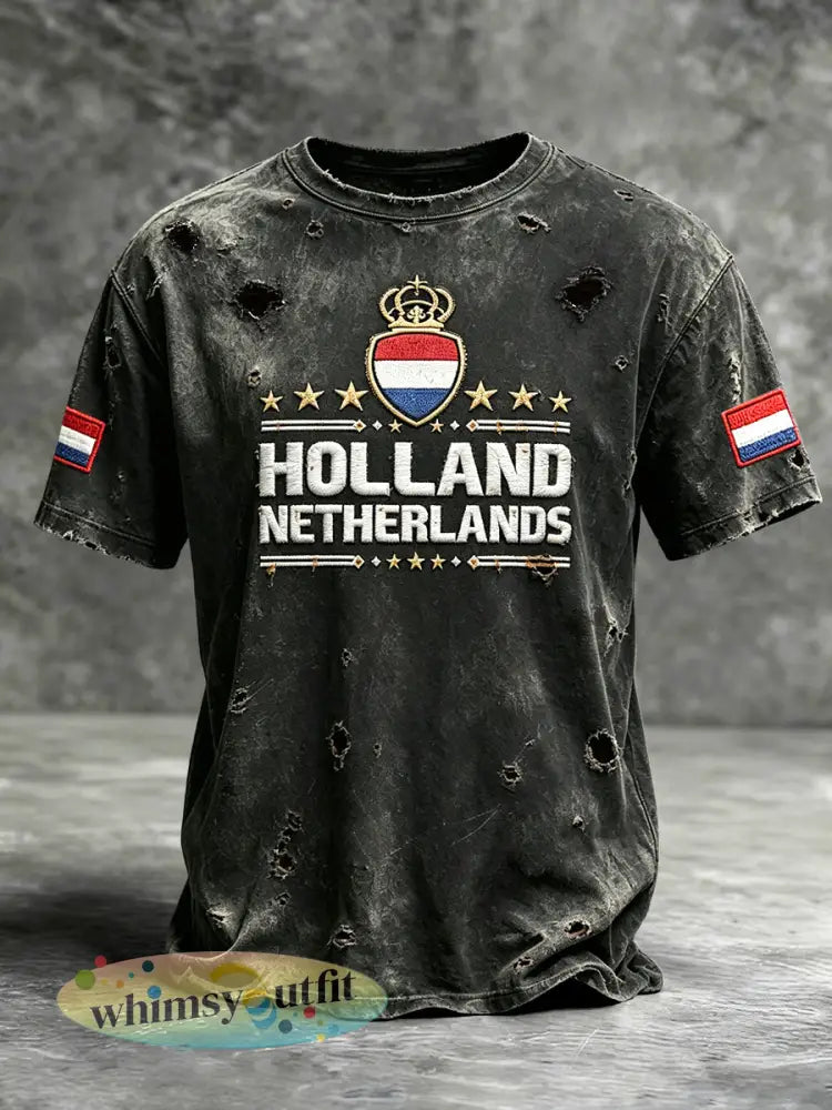 Herenvintage zwarte Nederlandse vlag print casual T-shirt - Zwart / S