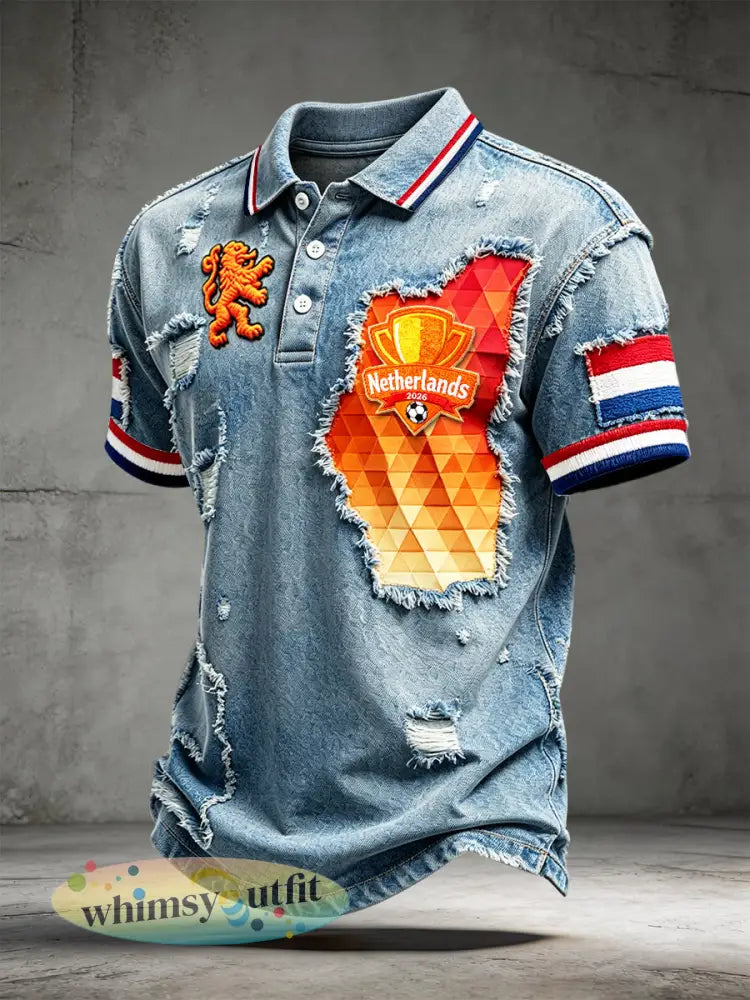 Herenvoetbal-geïnspireerde denim-effect Gescheurde patchwork print casual poloshirt - Blauw / S