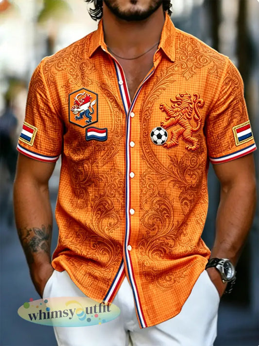 Herenvoetbal-geïnspireerde print oranje casual shirt met korte mouwen - Sinaasappel / S