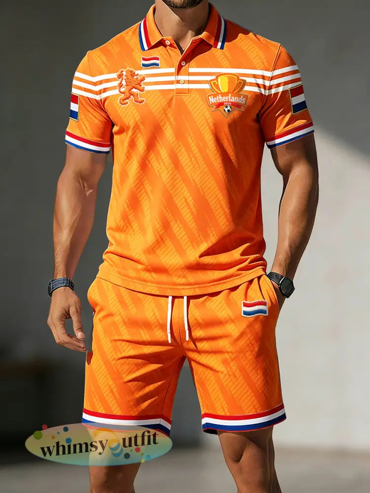 Herenvoetbal gestreepte opdruk Oranje casual sportpoloshirt en korte broek set - Sinaasappel / S