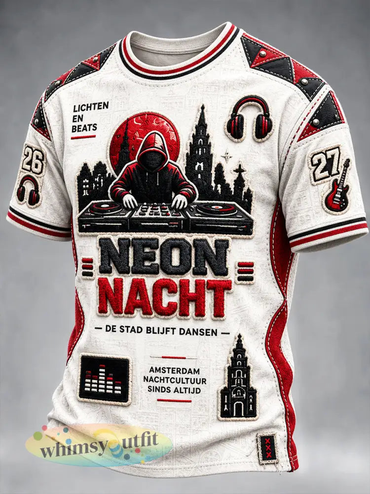 Herenwit T-shirt met patchworkprint en elektronische muziekthema van Amsterdam Electronic Music Festival casual stijl