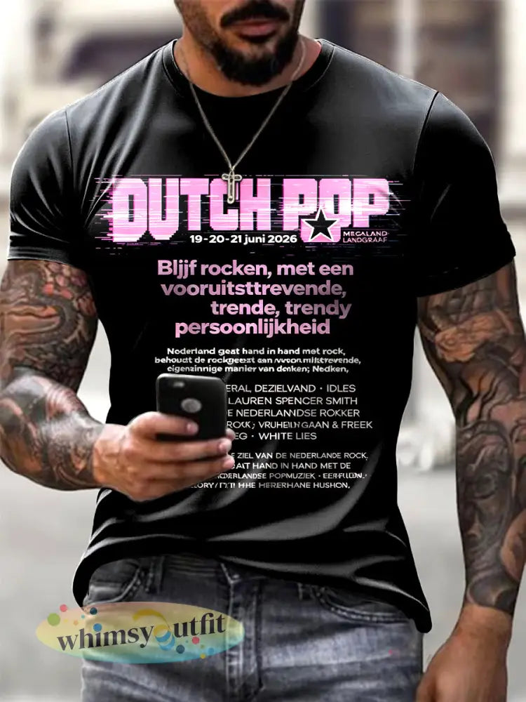 Herenzwart Nederlands popprint casual modet-shirt - Zwart / S