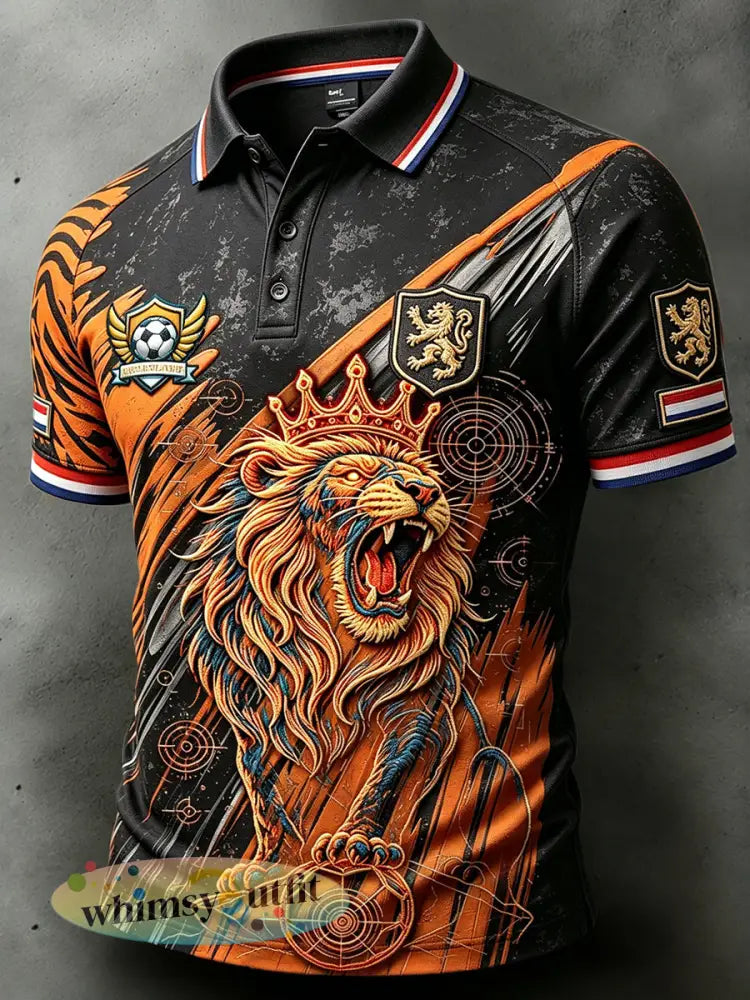 Herenzwart Nederlands Voetbal Leeuwenprint Casual Mode Poloshirt - Zwart / S
