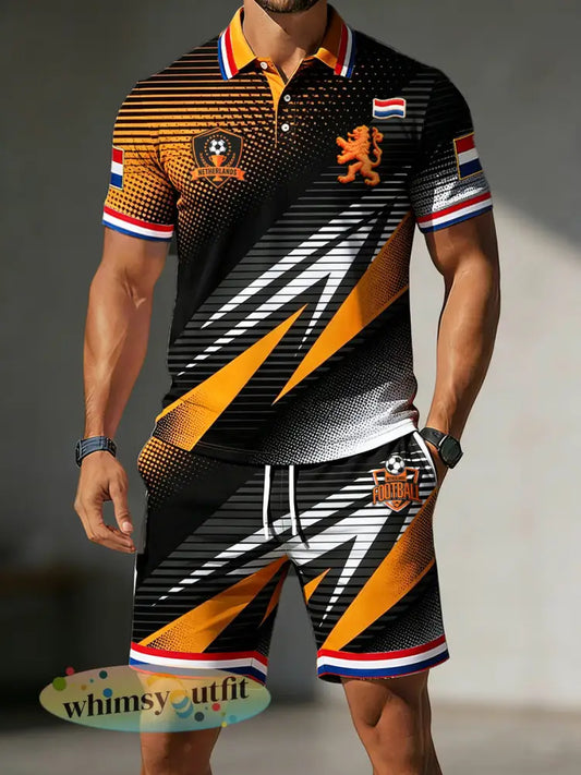 Herenzwart Nederlands voetbalstreepprint casual t-shirt en korte broek set - Zwart / S