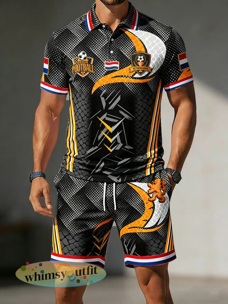 Herenzwart Nederlandse vlag voetbalprint casual sportief poposhirt en shorts set - Zwart / S