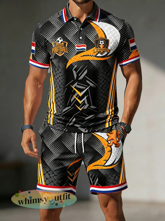 Herenzwart Nederlandse vlag voetbalprint casual sportief poposhirt en shorts set - Zwart / S