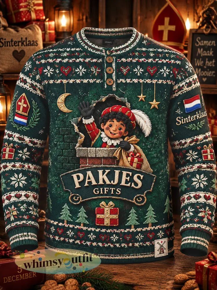 Herenzweetshirt met Henley-hals en zwarte-pietprint voor Sinterklaasdag - Donkergroen / S