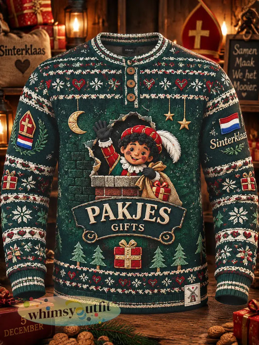 Herenzweetshirt met Henley-hals en zwarte-pietprint voor Sinterklaasdag - Donkergroen / S