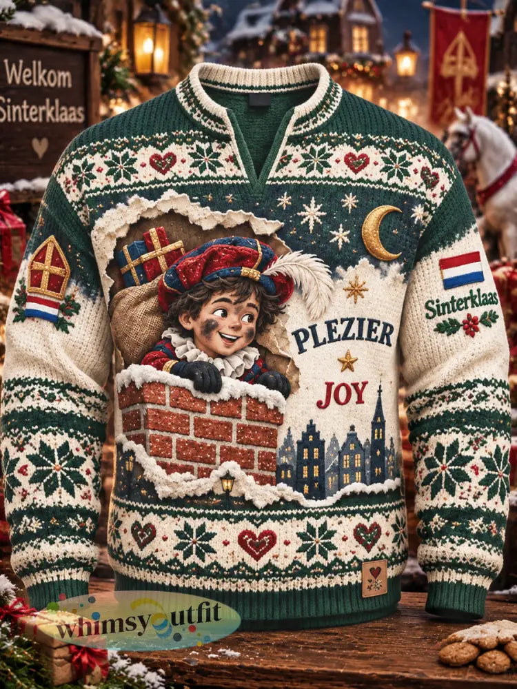 Herenzweetshirt met V-hals casual zwart-wit print voor Sinterklaasdag - Veelkleurig / S