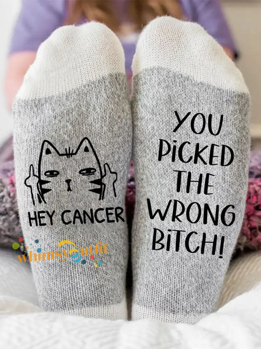Hey cancer you picked the wrong bitch unisex socks Light Gray / ONE