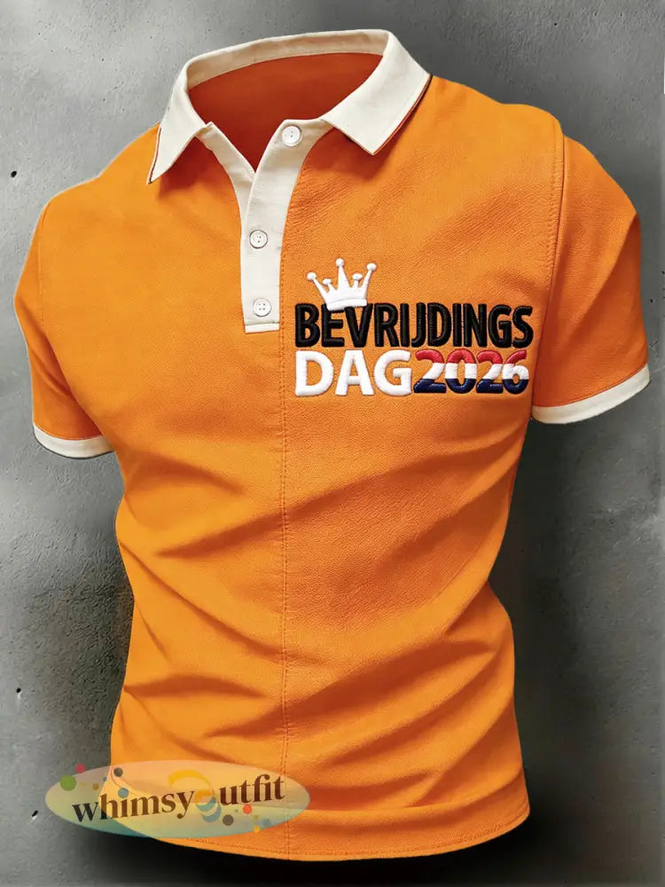 Holland Bevrijdingsdag 2026 Bedrukt casual poloshirt voor heren - Sinaasappel / S