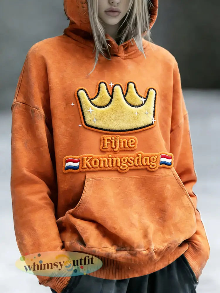 Holland Fine Koningsdag 3D-bedrukte oranje sweatshirt met capuchon voor dames - Sinaasappel / S