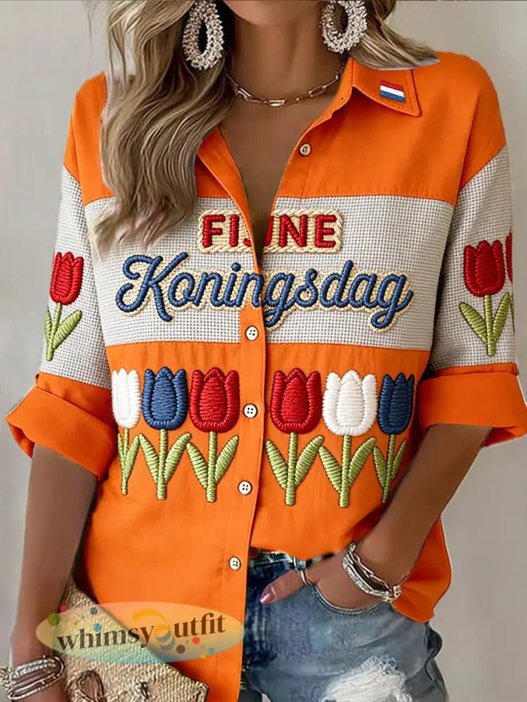 Holland Floral Koningsdag print casual shirt met lange mouwen voor dames - Sinaasappel / S