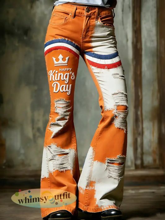 Holland King’s Day voor dames vintage patchwork met noodprint casual uitlopende broek - Oranje wit / S