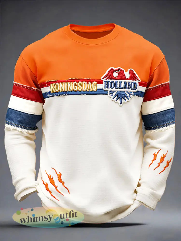 Holland Koningsdag patchwork print casual lange mouwen wafel T-shirt - Oranje wit / S