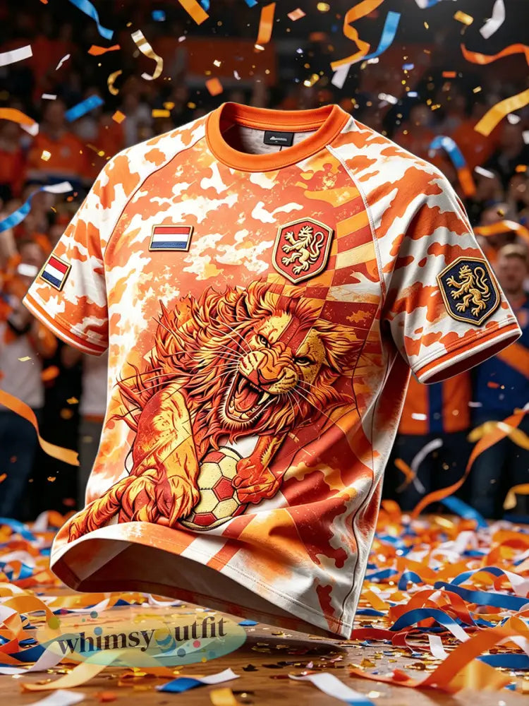 Holland leeuwen heren voetbal oranje camouflageprint casual T-shirt - Sinaasappel / S
