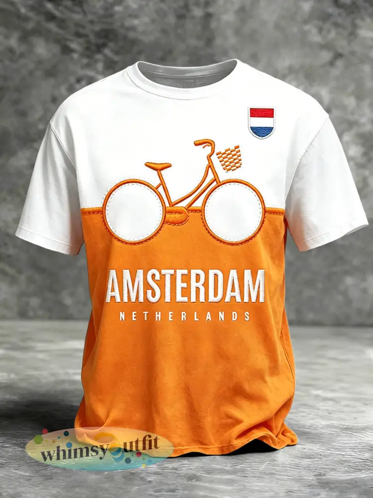 Holland Vlag Heren Fietsen Patchwork Print Casual T-shirt - Oranje wit / S