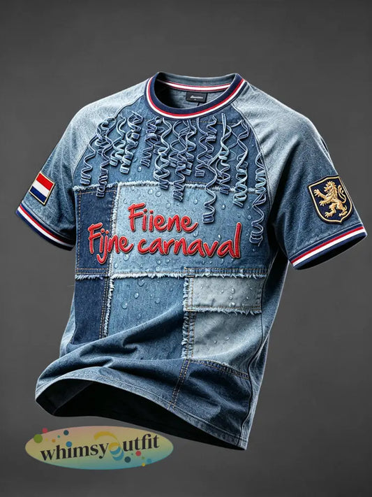 Hollandse Zomer Carnaval Denim Patchwork Print Casual T-shirt - Blauw / S